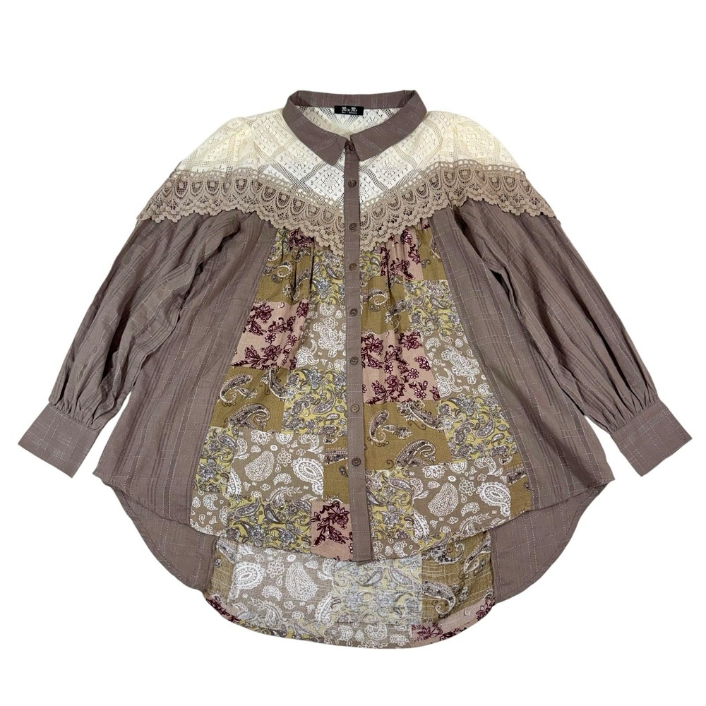 Miss Me Mixed Media Womans Sz S Button Down Shirt Patchwork Lace Boho Festival